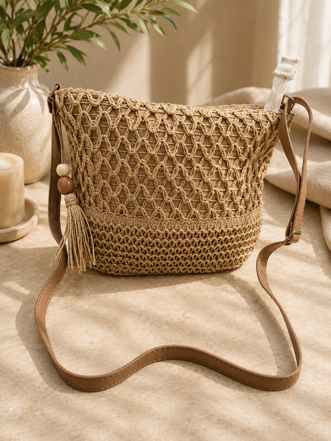 Bolso bandolera de rafia con detalle de borla