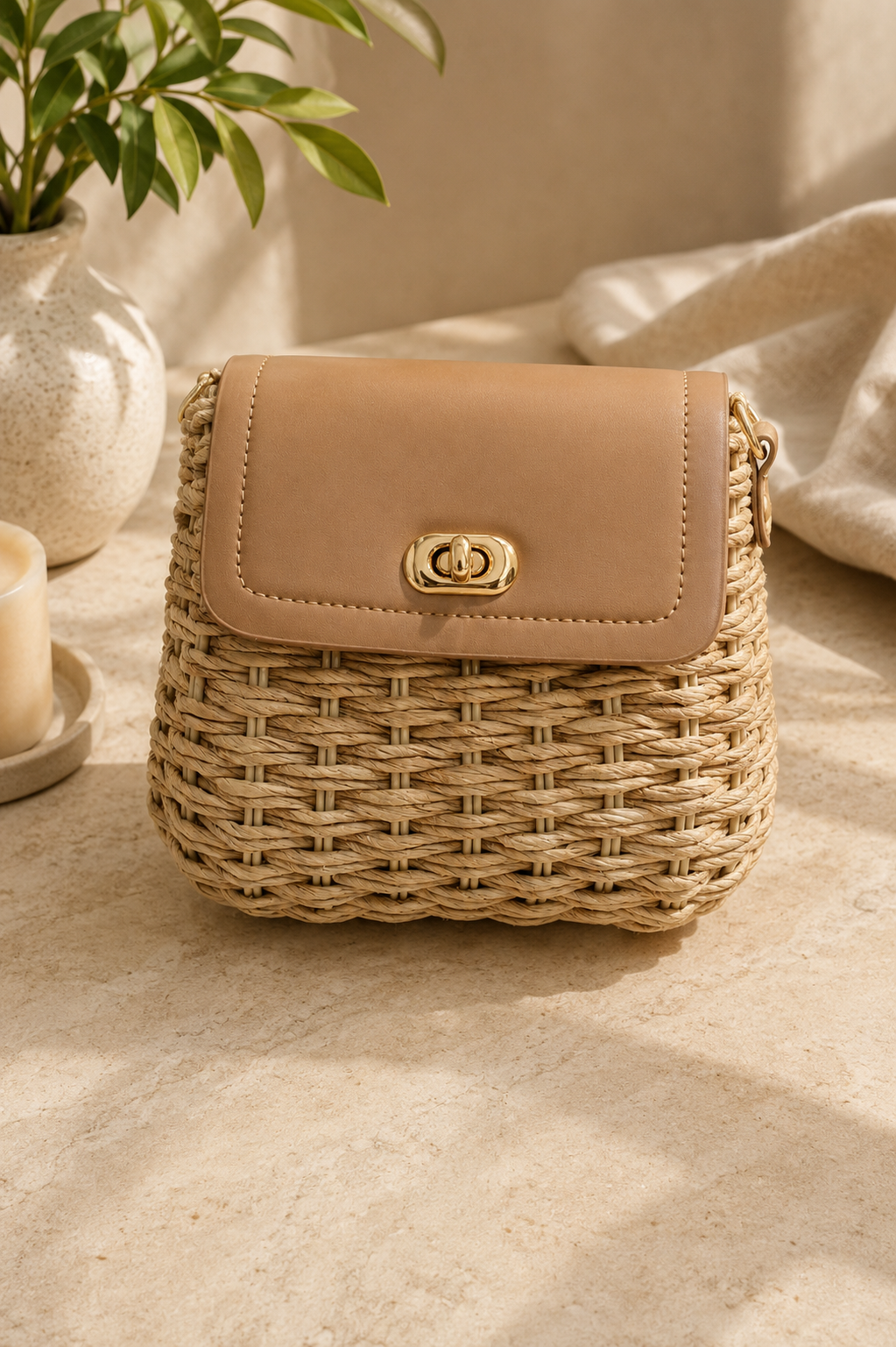 Bolso bandolera de rafia con solapa beige
