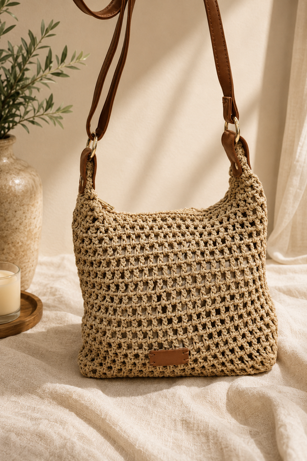 Bolso de punto calado beige con correa marrón