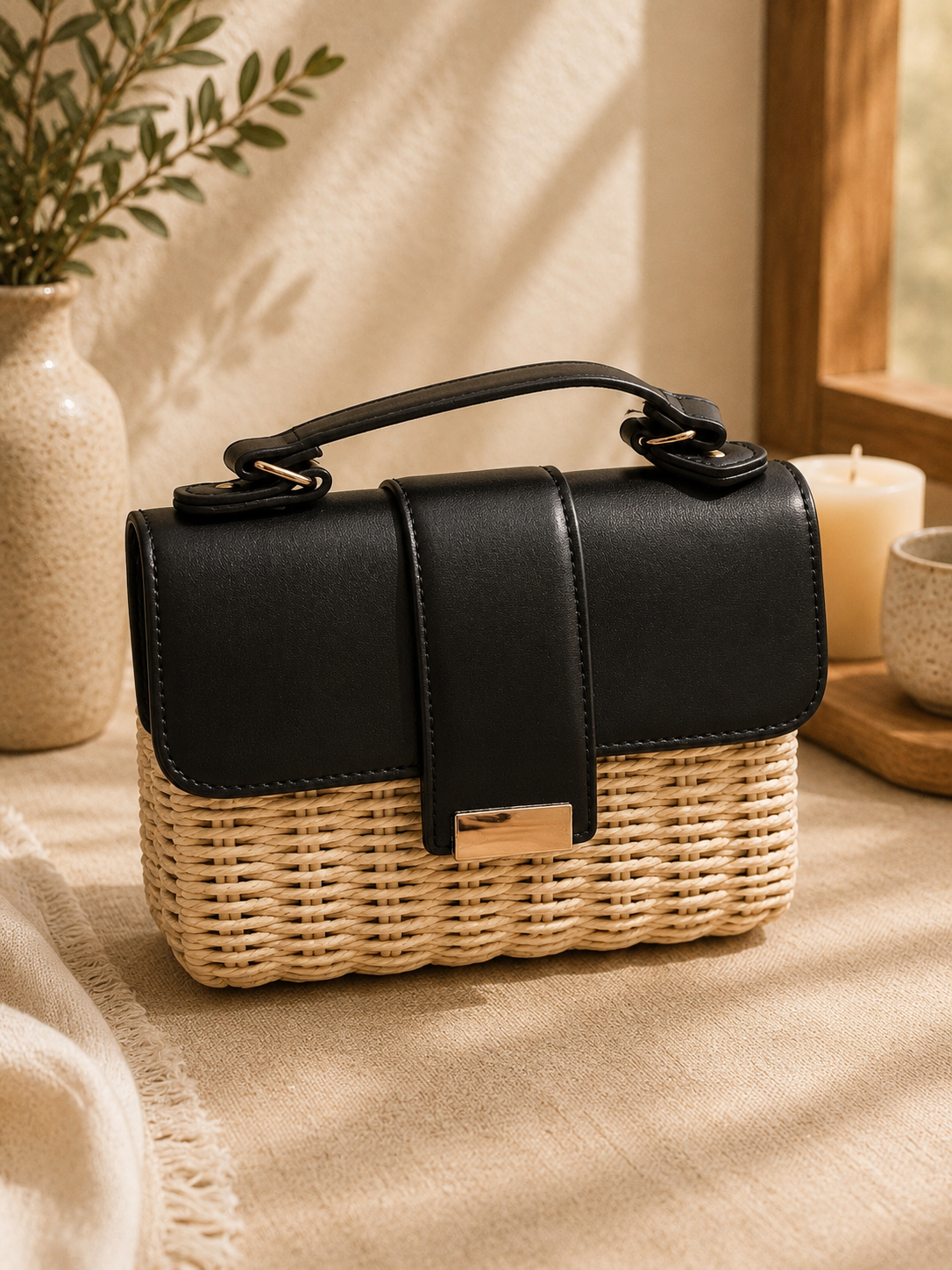 Bolso de mano de rafia con solapa negra 24512