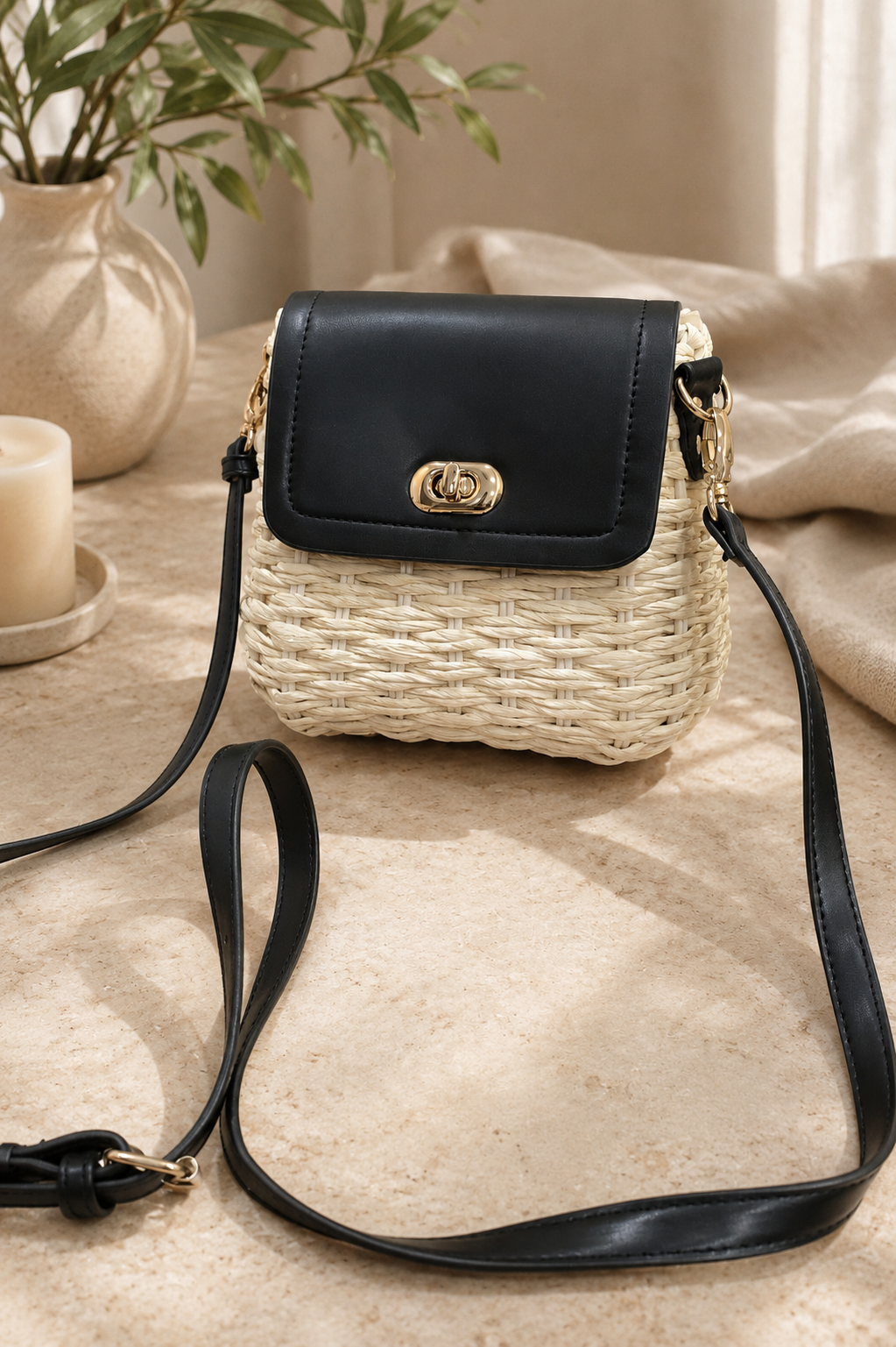 Bolso bandolera de rafia y solapa negra