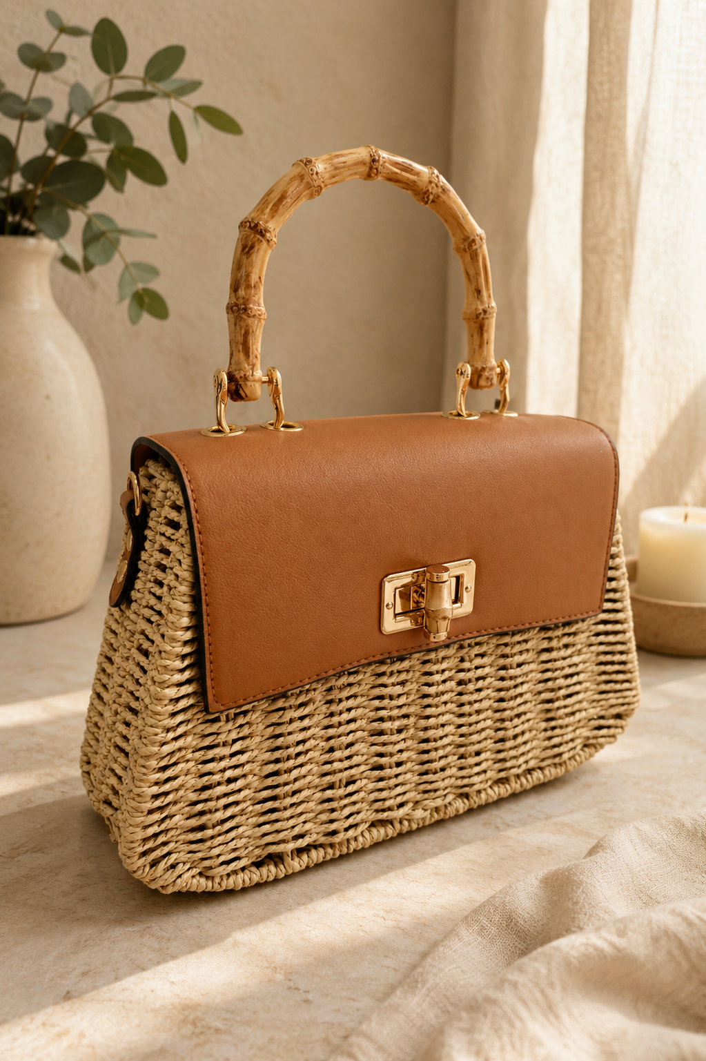 Bolso de rafia con asa de bambú