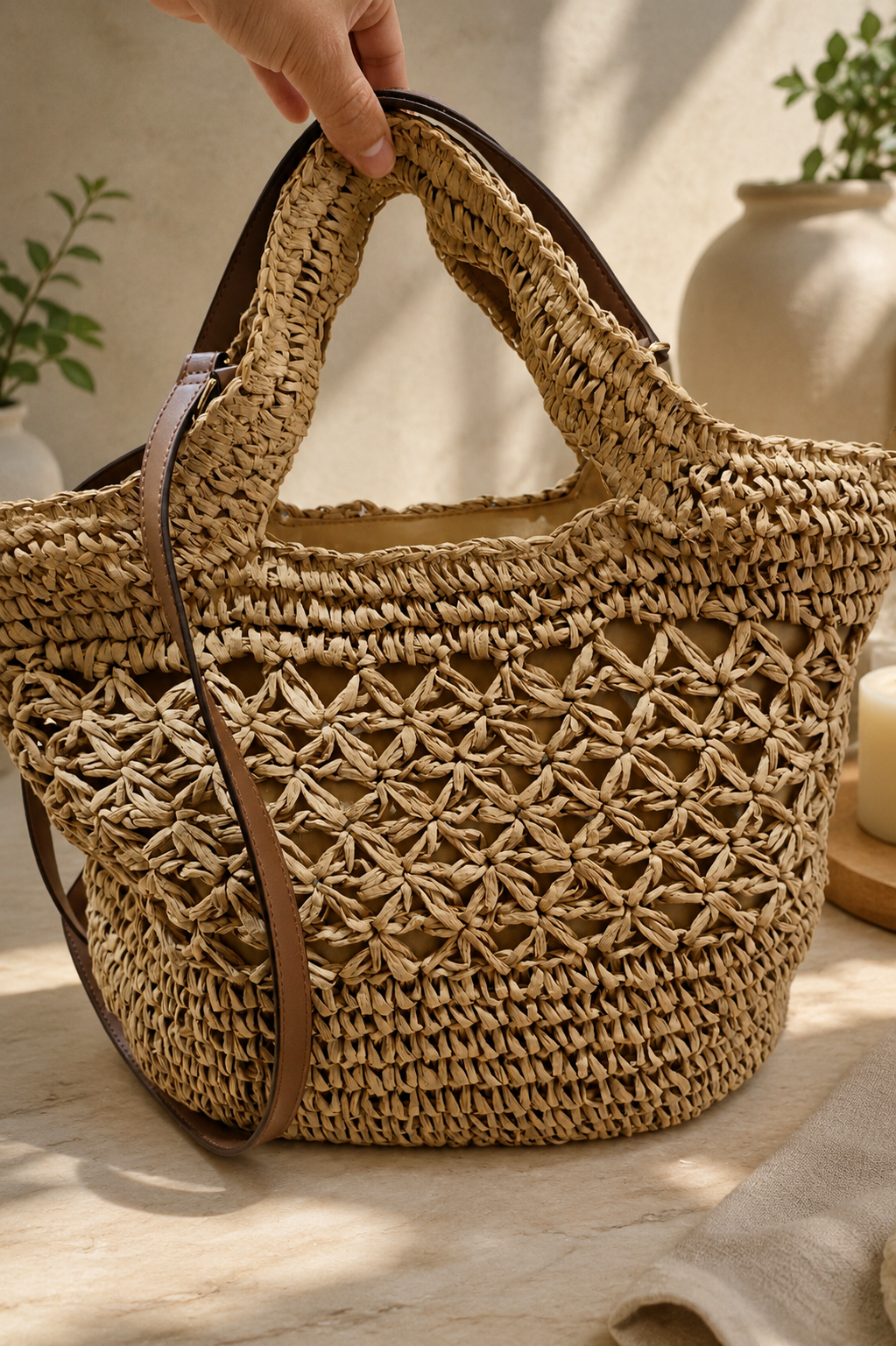 Bolso de rafia trenzado con asa y bandolera